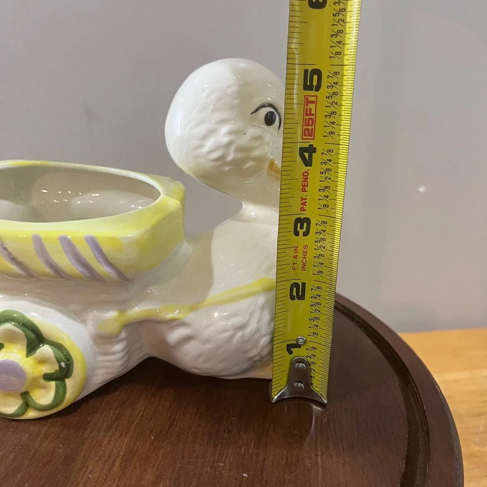 Vtg Ceramic Duck Pulling Cart Planter Kitsch Nursery Decor White Yellow 6.5in